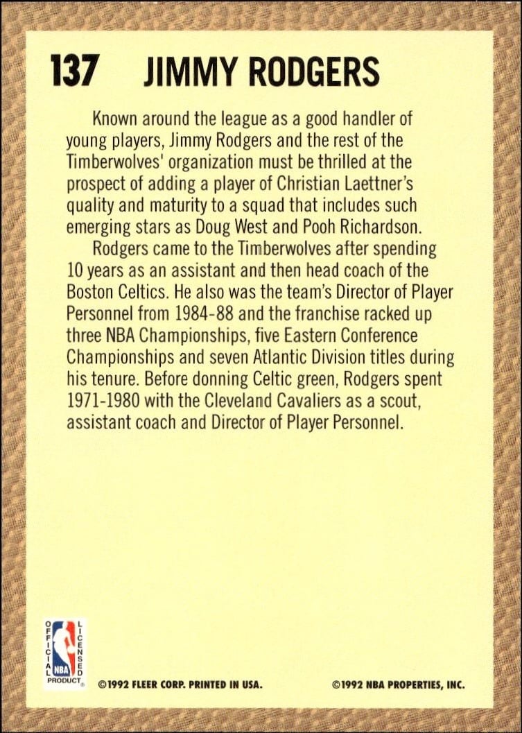 1992 Fleer Jimmy Rodgers #137 basketball trading card back