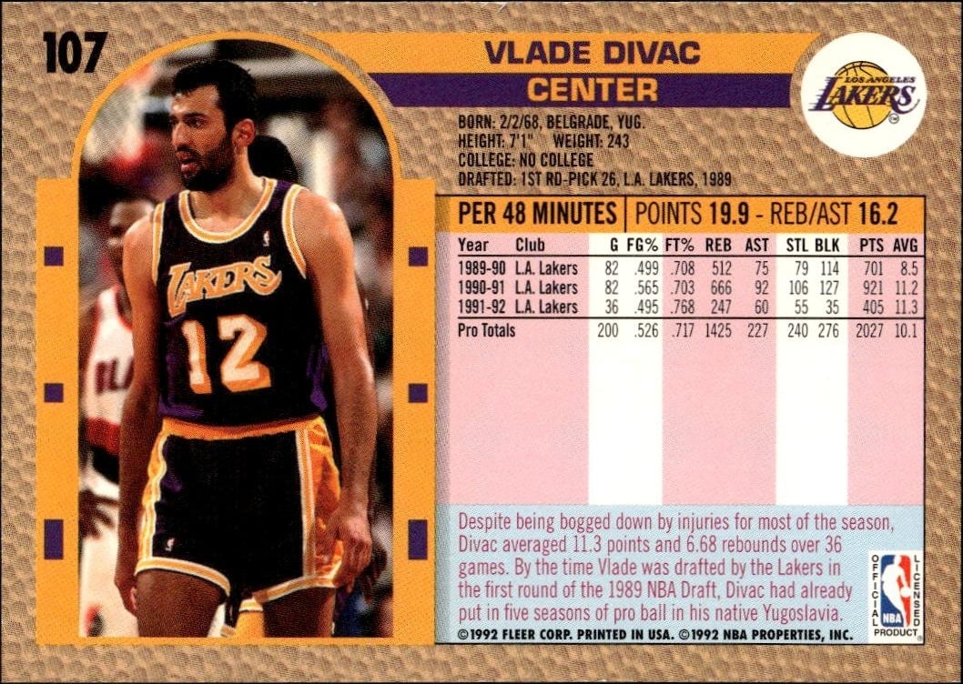 1992 Fleer Vlade Divac #107 basketball trading card back