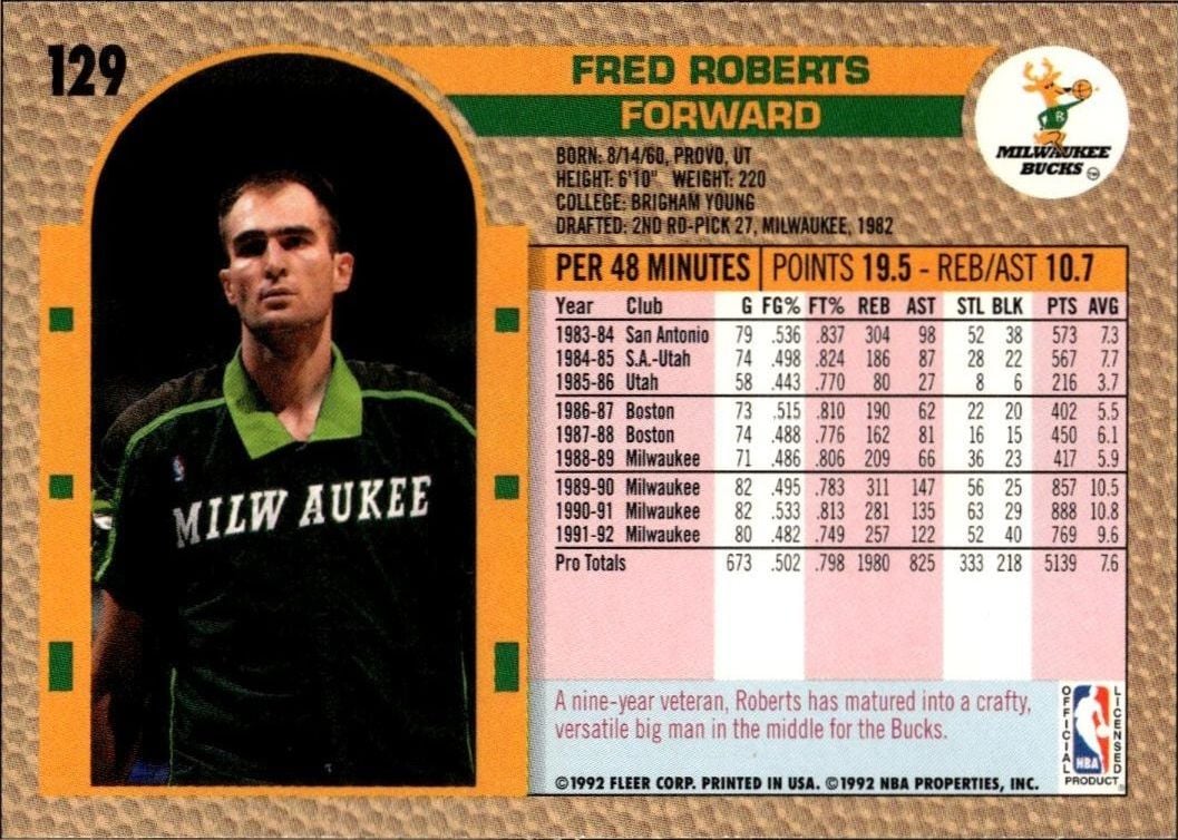 1992 Fleer Fred Roberts #129 basketball trading card back