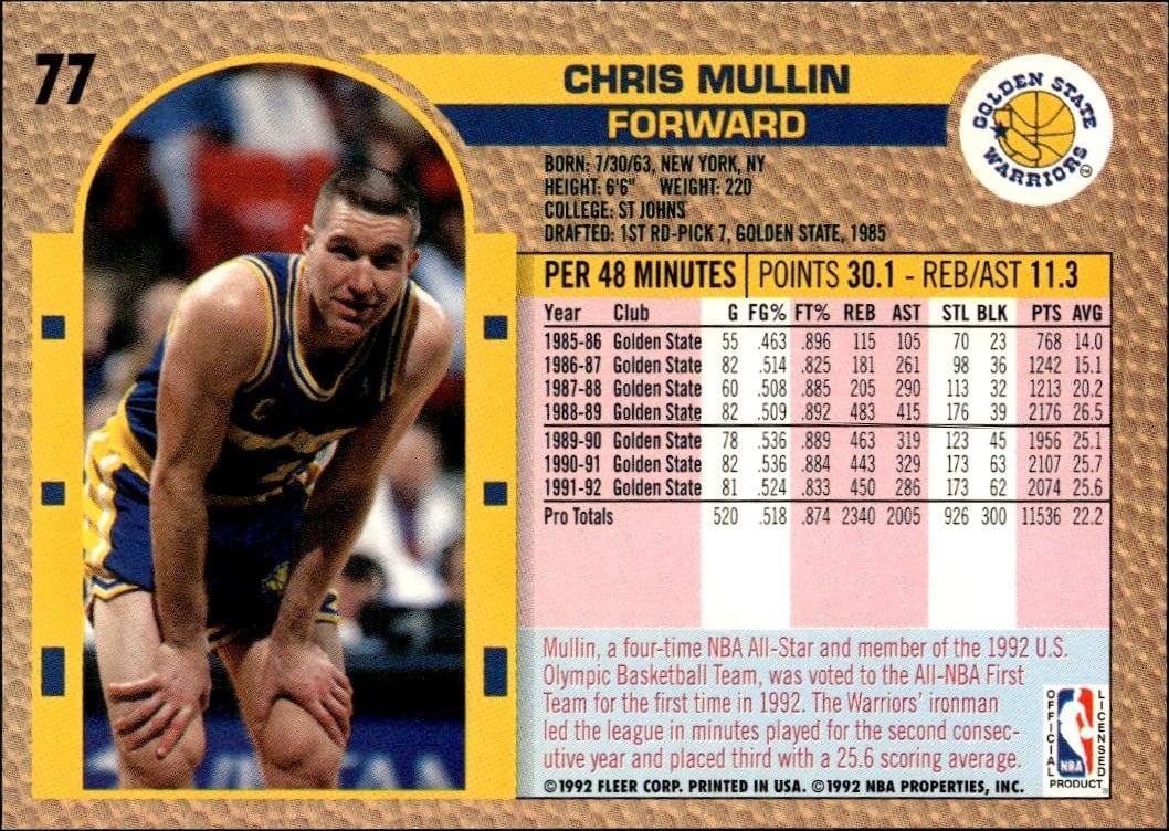 1992 Fleer Chris Mullin #77 basketball trading card back