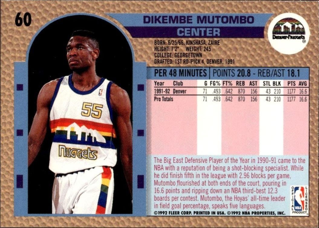 1992 Fleer Dikembe Mutombo #60 basketball trading card back