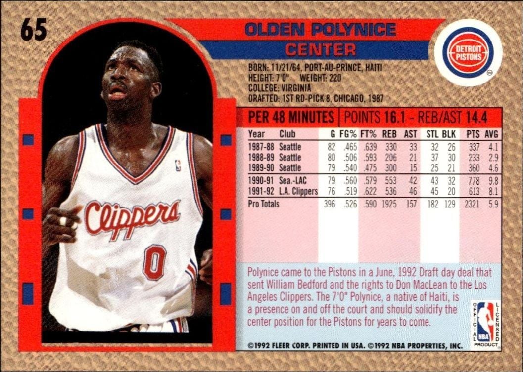 1992 Fleer Olden Polynice #65 basketball trading card back