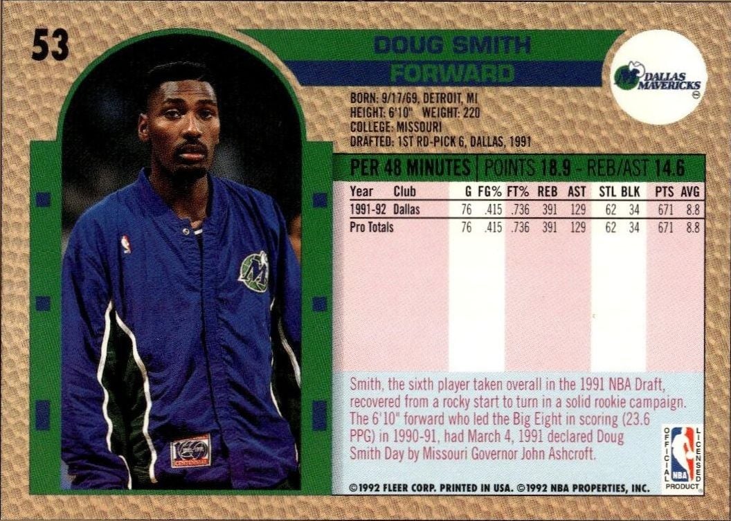 1992 Fleer Doug Smith #53 basketball trading card back