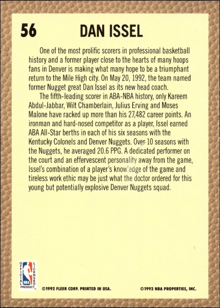 1992 Fleer Dan Issel #56 basketball trading card back