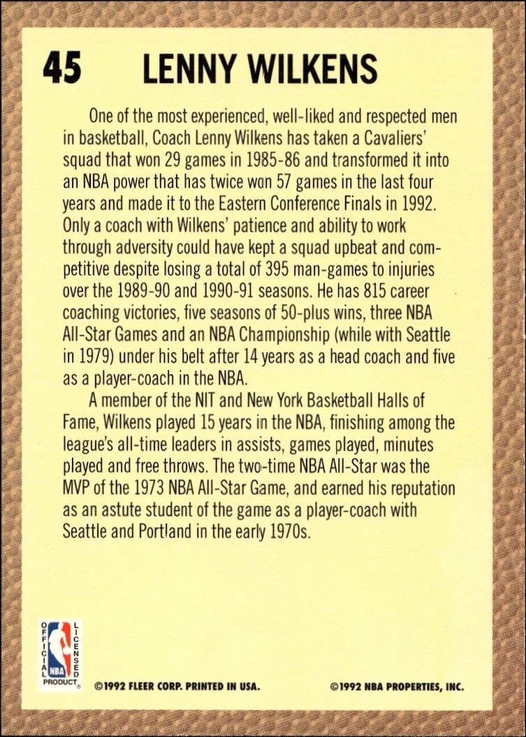 1992 Fleer Lenny Wilkens #45 basketball trading card back