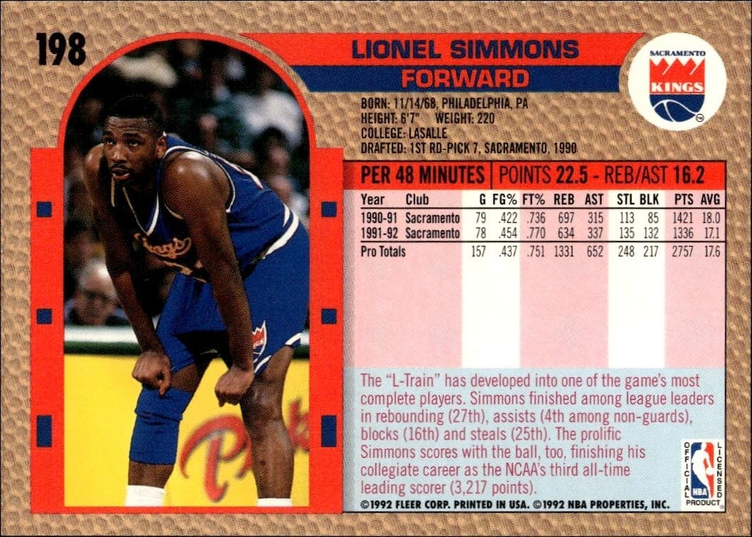1992 Fleer Lionel Simmons #46 basketball trading card back