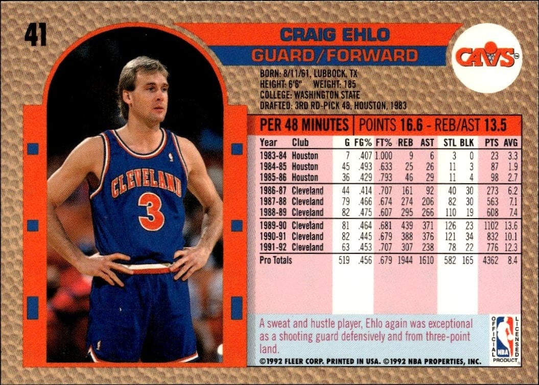 1992 Fleer Craig Ehlo #41 basketball trading card back