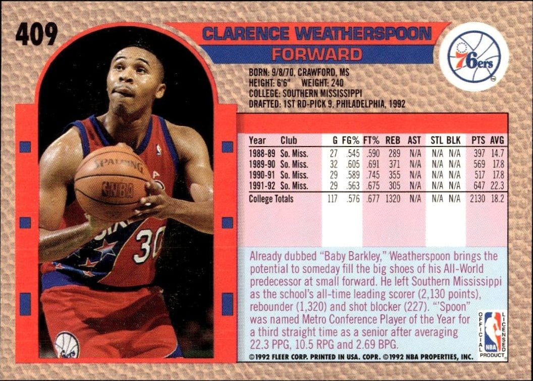 1992 Fleer Clarence Weatherspoon #40 basketball trading card back