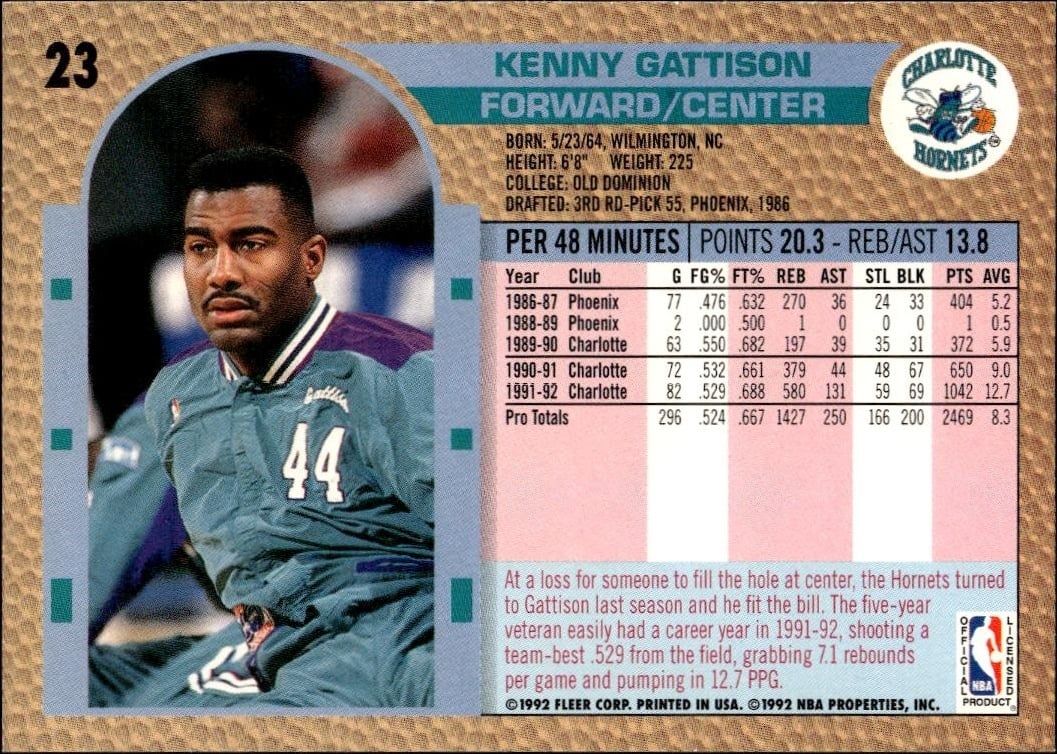 1992 Fleer Kenny Gattison #23 basketball trading card back