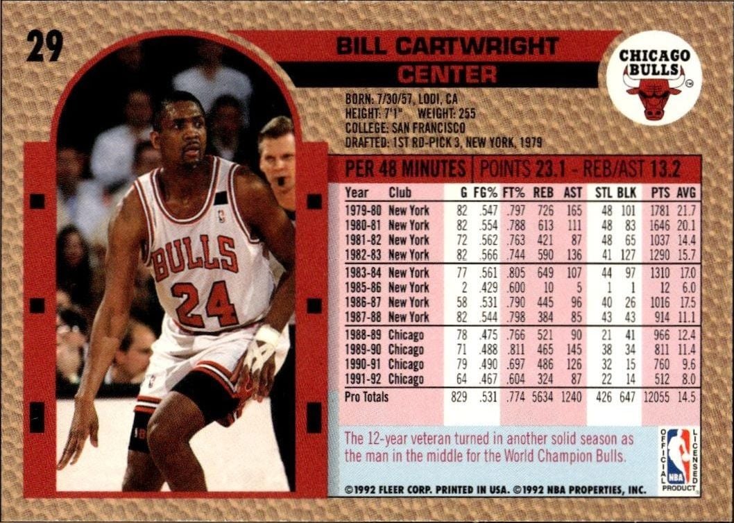 1992 Fleer Bill Cartwright #29 basketball trading card back