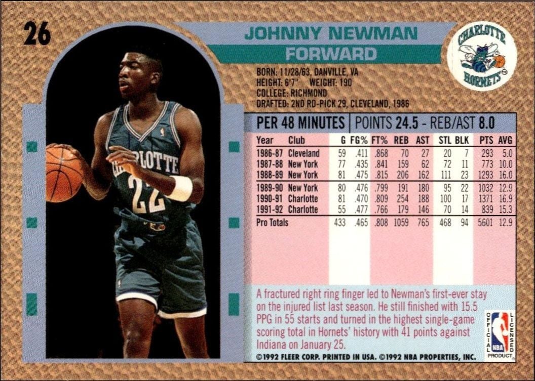 1992 Fleer Johnny Newman #26 basketball trading card back