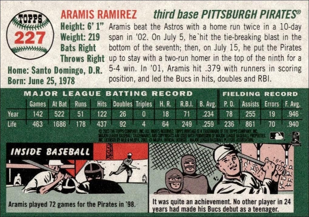 2003 Topps Heritage Aramis Ramirez #227 baseball trading card back
