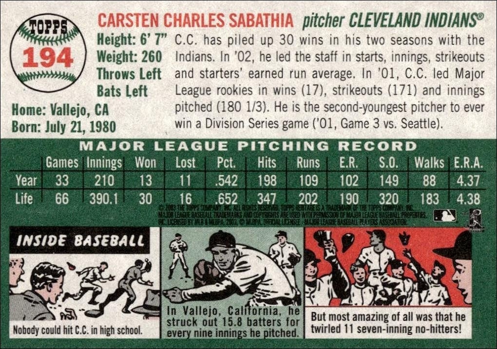 2003 Topps Heritage CC Sabathia #194 baseball trading card back