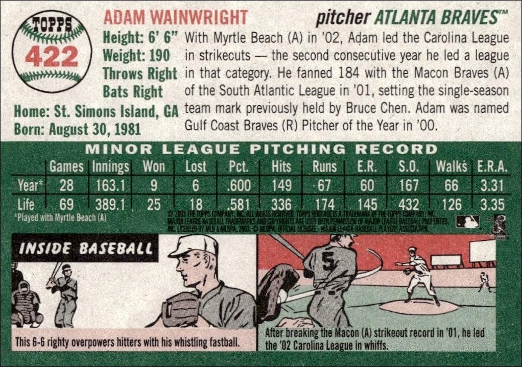 2003 Topps Heritage Adam Wainwright #422 baseball trading card back