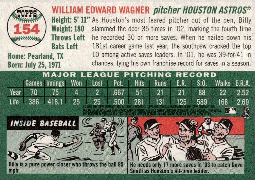 2003 Topps Heritage Billy Wagner #154 baseball trading card back