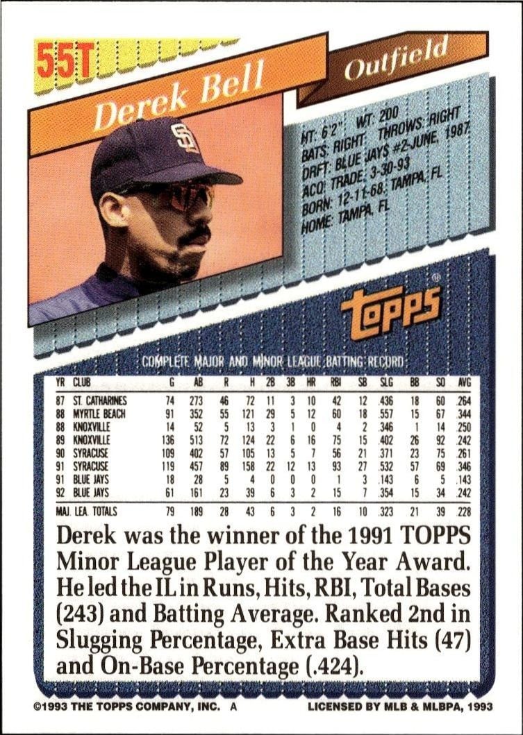 1993 Topps Traded Derek Bell #55T baseball trading card back