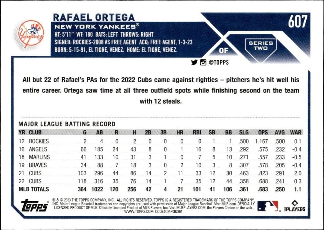 2023 Topps Series 2 Rafael Ortega #607 baseball trading card back