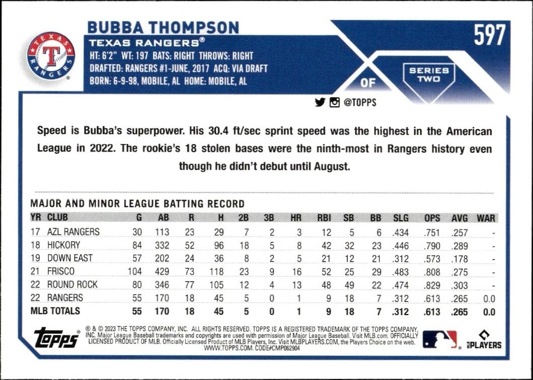 2023 Topps Series 2 Bubba Thompson #597 baseball trading card back