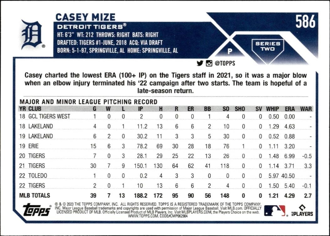 2023 Topps Series 2 Casey Mize #586 baseball trading card back