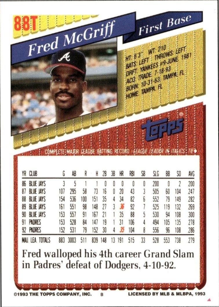 1993 Topps Traded Fred McGriff #88T baseball trading card back