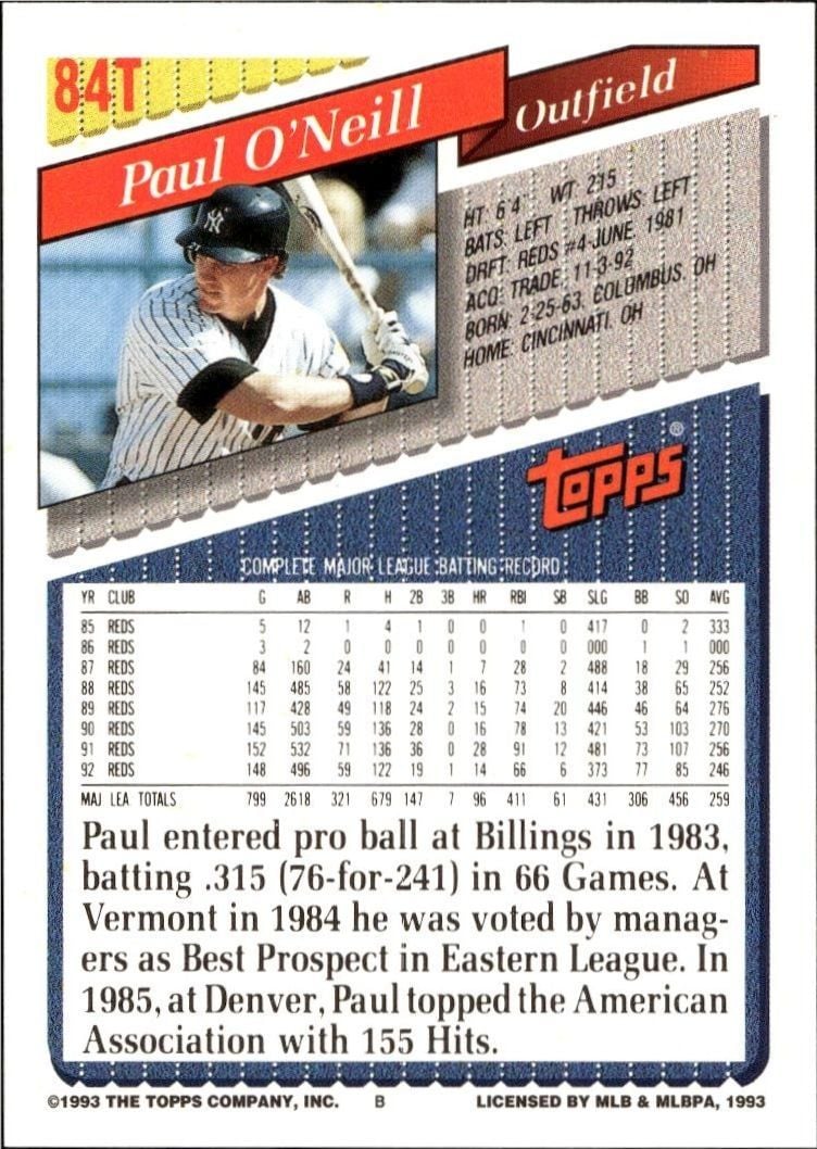1993 Topps Traded Paul O'Neill #84T baseball trading card back