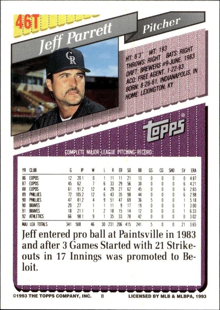 1993 Topps Traded Jeff Parrett #46T baseball trading card back