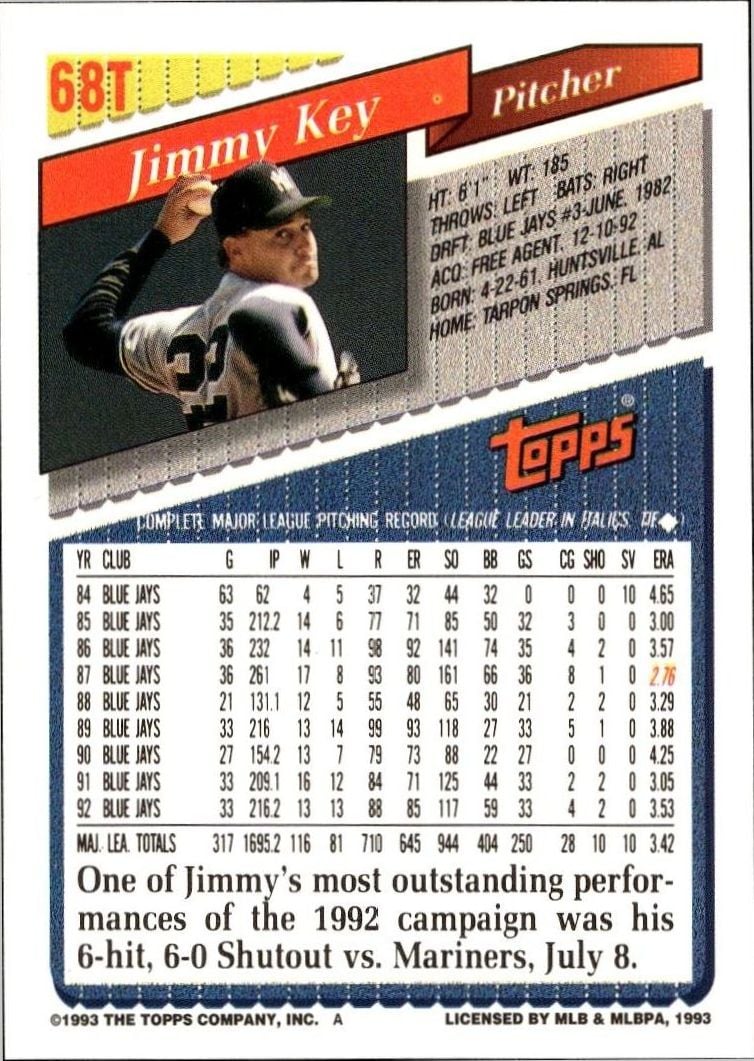 1993 Topps Traded Jimmy Key #68T baseball trading card back