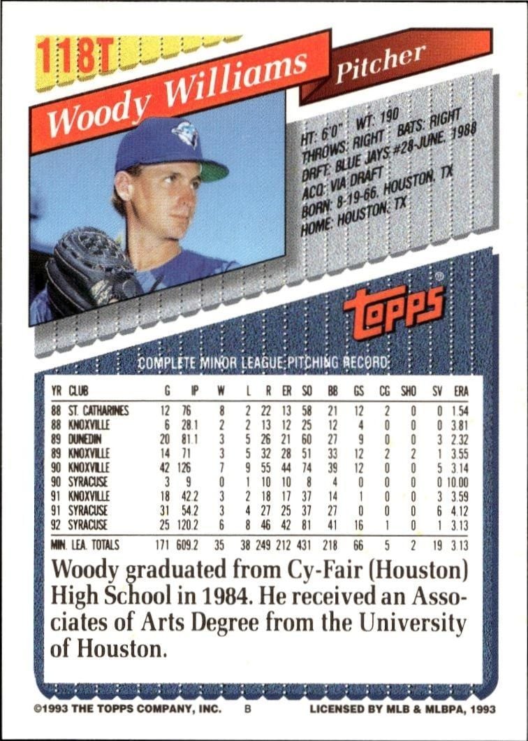 1993 Topps Traded Woody Williams #118T baseball trading card back