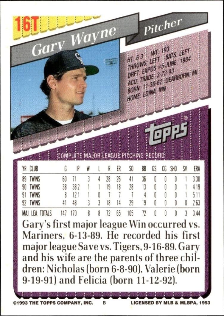 1993 Topps Traded Gary Wayne #16T baseball trading card back