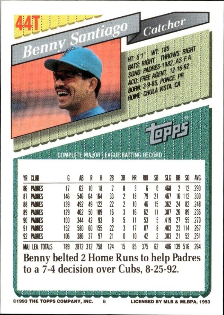 1993 Topps Traded Benny Santiago #44T baseball trading card back