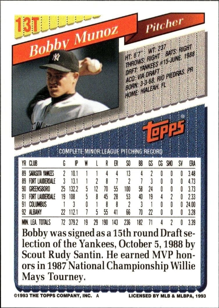 1993 Topps Traded Bobby Munoz #13T baseball trading card back