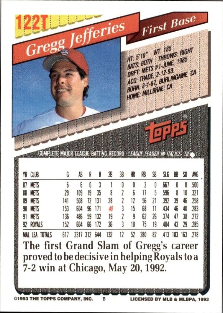 1993 Topps Traded Gregg Jefferies #122T baseball trading card back