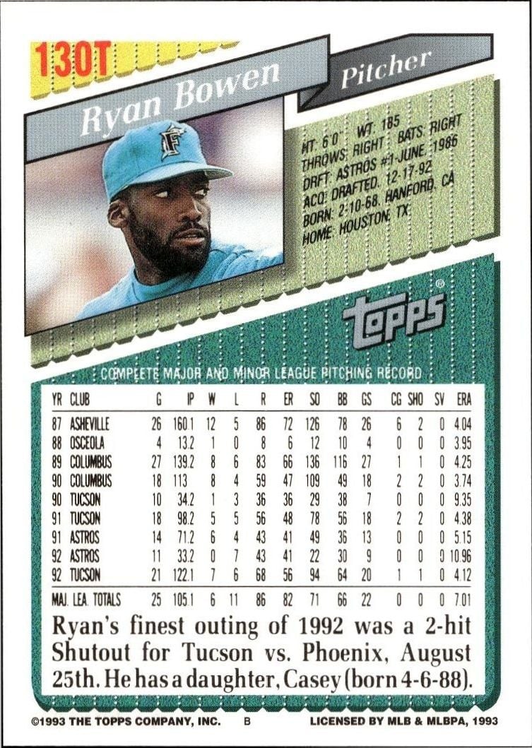 1993 Topps Traded Ryan Bowen #130T baseball trading card back