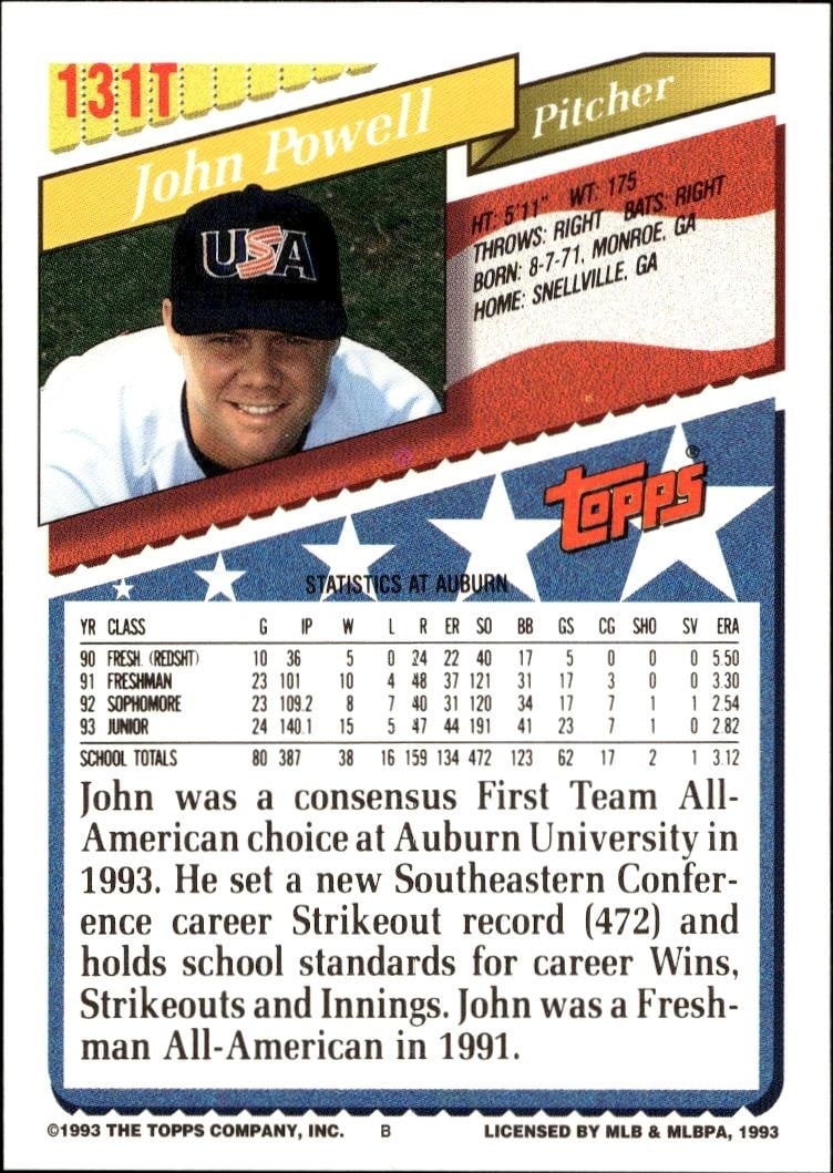 1993 Topps Traded John Powell #45T baseball trading card back