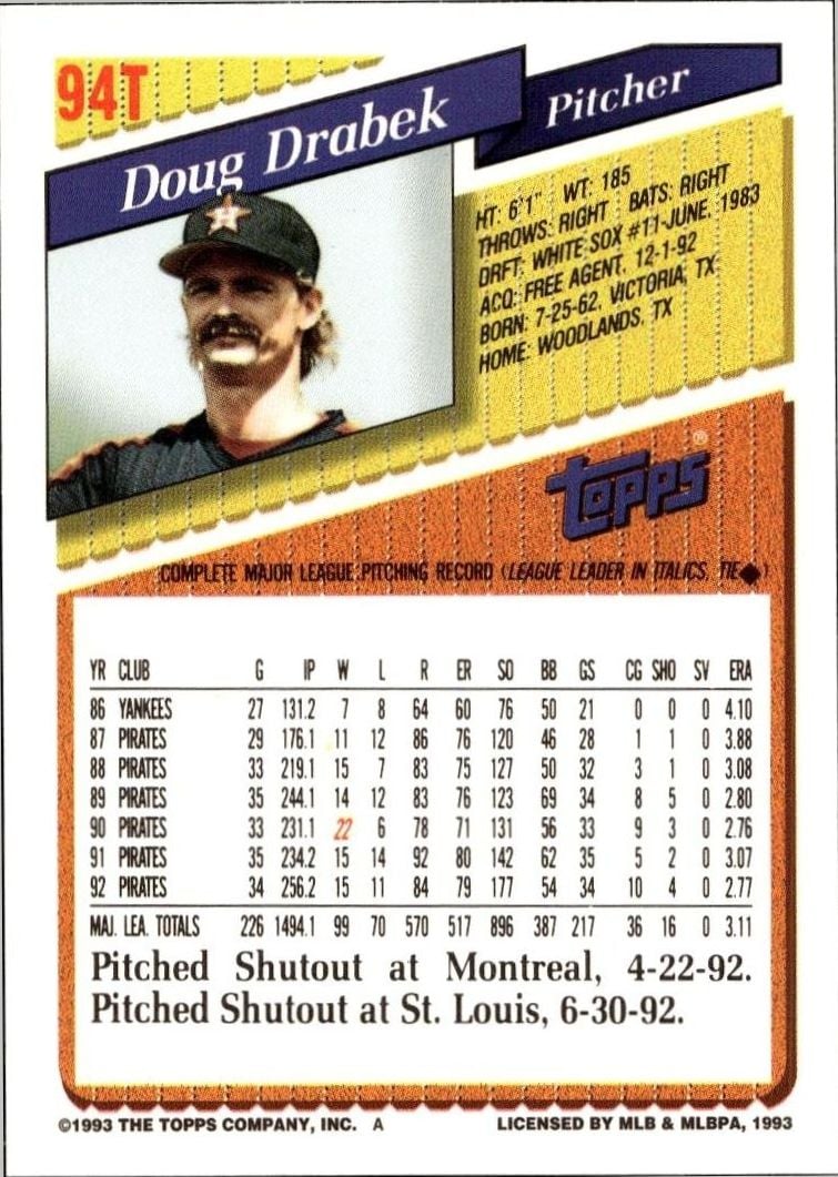 1993 Topps Traded Doug Drabek #94T baseball trading card back