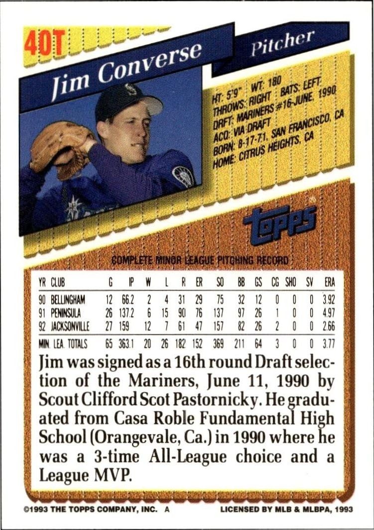 1993 Topps Traded Jim Converse #40T baseball trading card back