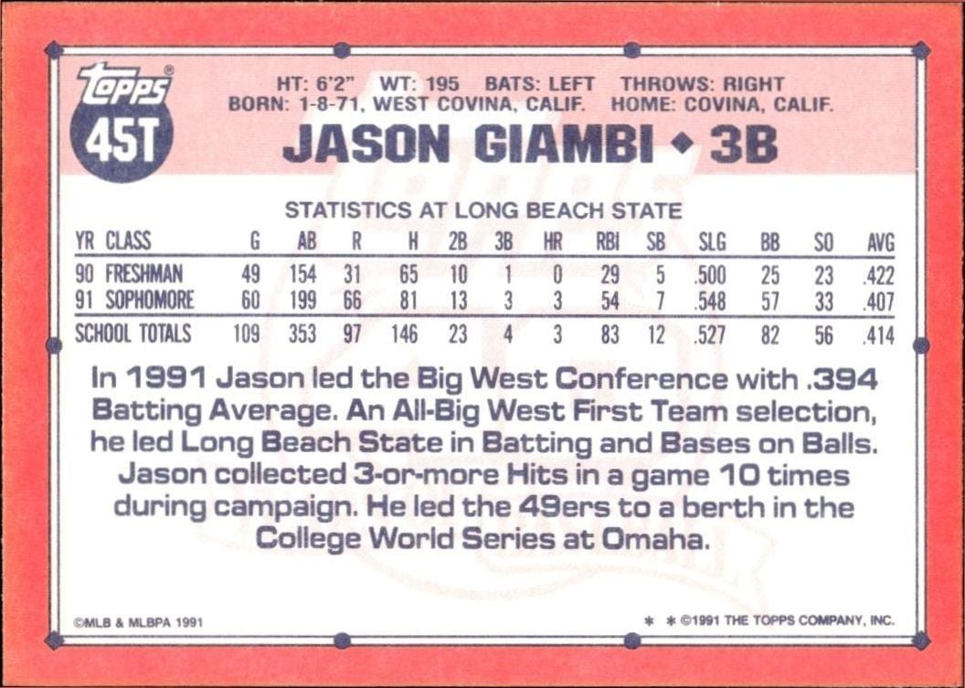 1991 Topps Traded Jason Giambi #45T baseball trading card back