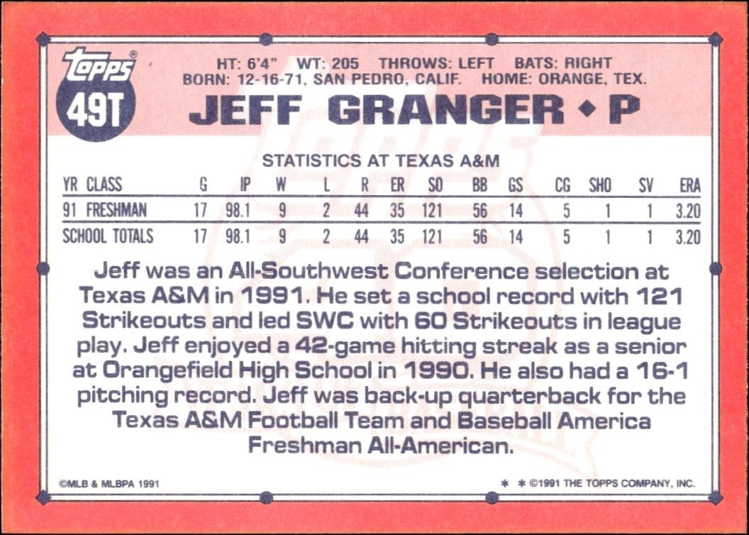 1991 Topps Traded Jeff Granger #49T baseball trading card back