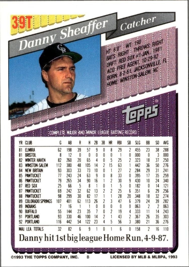 1993 Topps Traded Danny Sheaffer #39T baseball trading card back