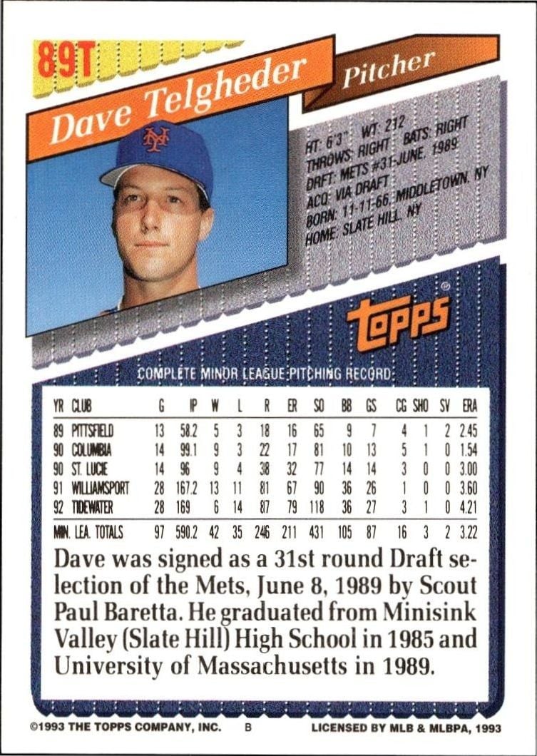 1993 Topps Traded Dave Telgheder #89T baseball trading card back