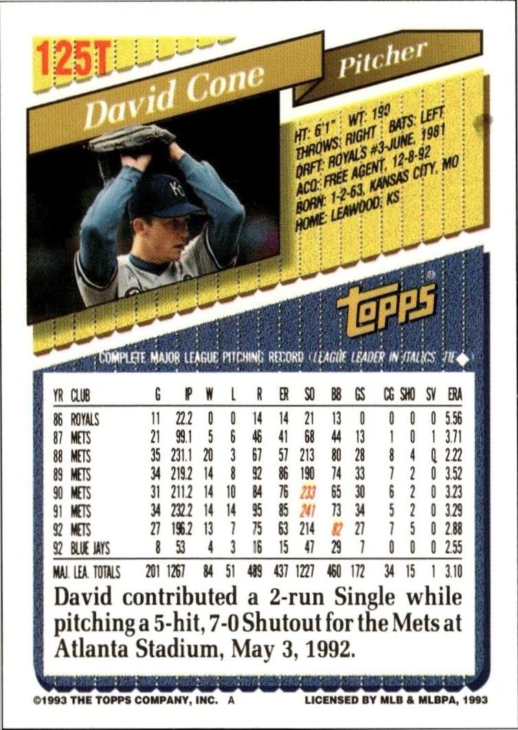 1993 Topps Traded David Cone #125T baseball trading card back