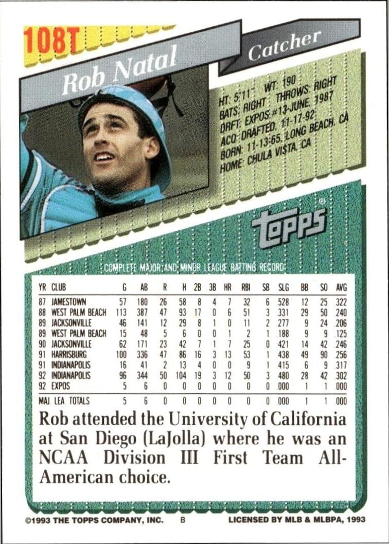 1993 Topps Traded Bob Natal #108T baseball trading card back