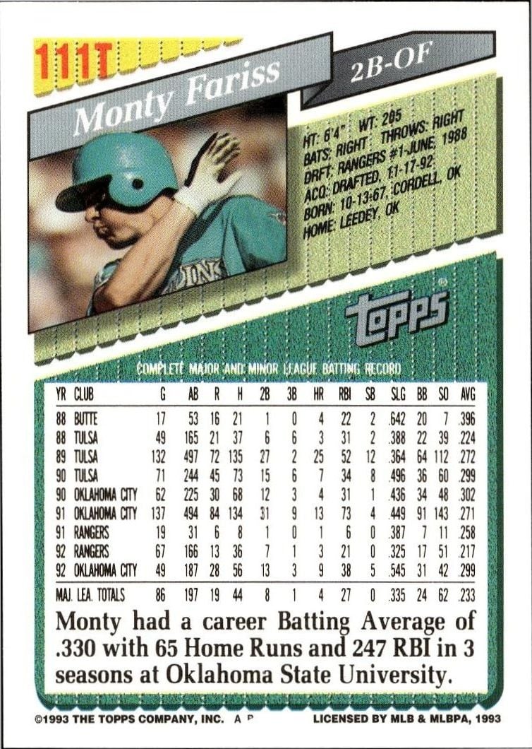1993 Topps Traded Monty Fariss #111T baseball trading card back