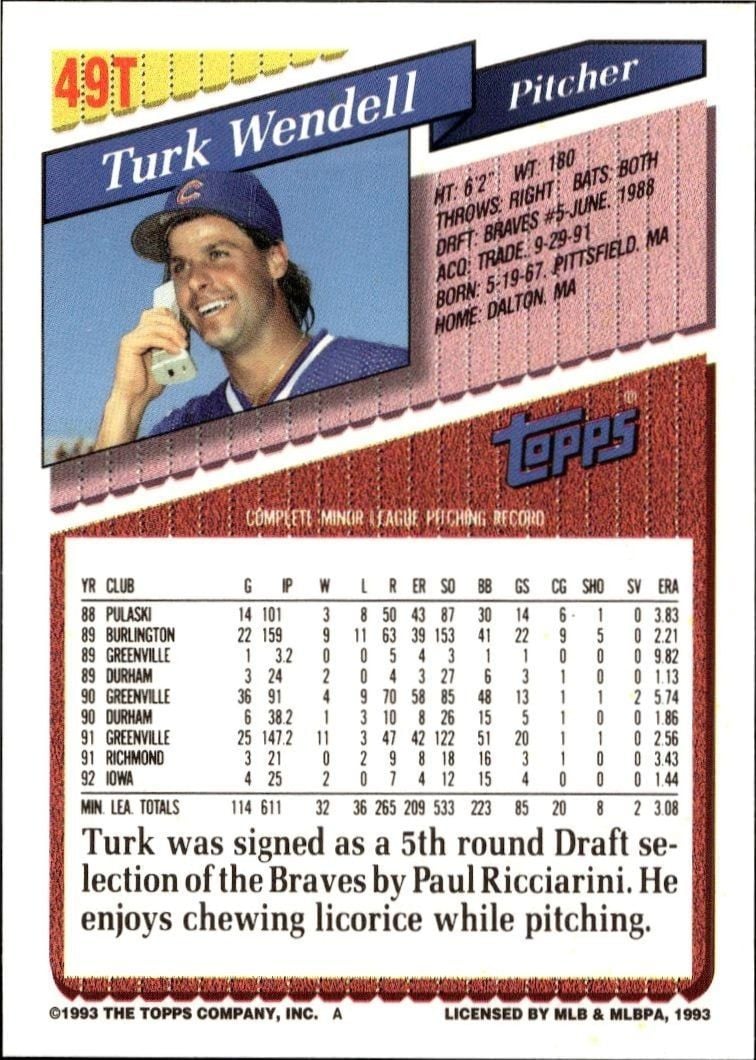 1993 Topps Traded Turk Wendell #49T baseball trading card back