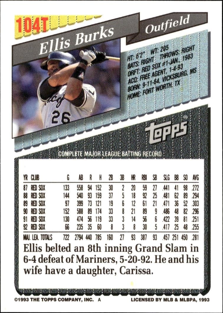 1993 Topps Traded Ellis Burks #104T baseball trading card back