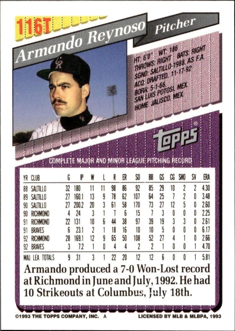 1993 Topps Traded Armando Reynoso #116T baseball trading card back