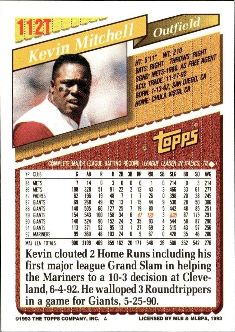 1993 Topps Traded Kevin Mitchell #112T baseball trading card back