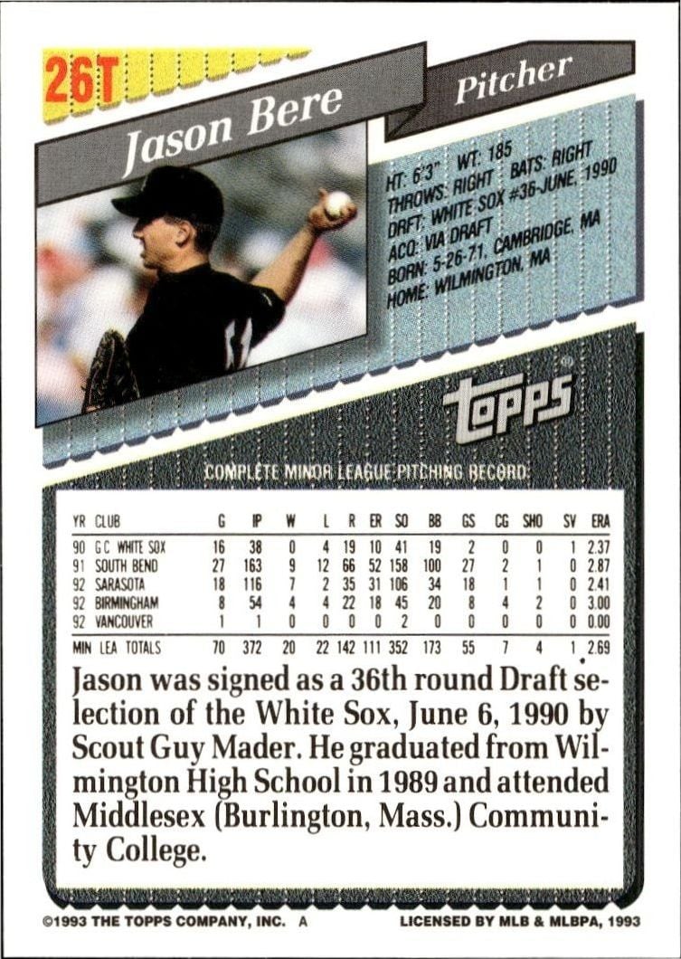 1993 Topps Traded Jason Bere #26T baseball trading card back