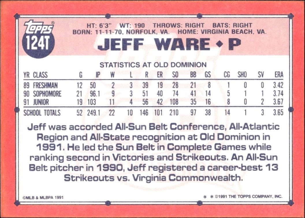 1991 Topps Traded Jeff Ware #124T baseball trading card back