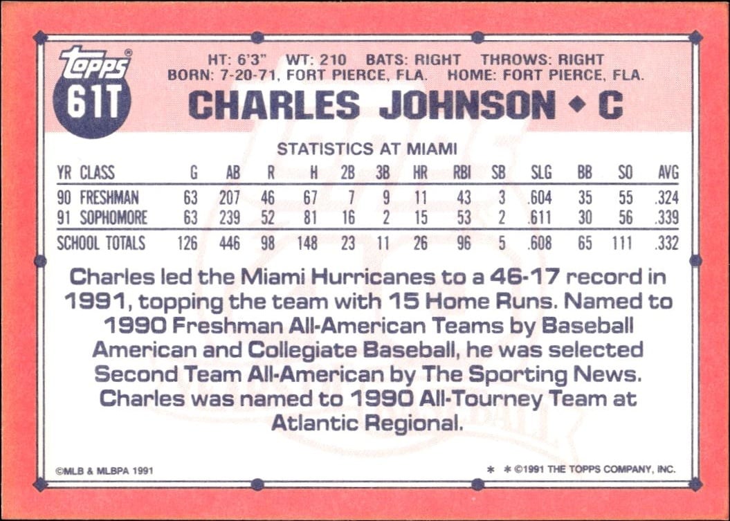 1991 Topps Traded Charles Johnson #61T baseball trading card back